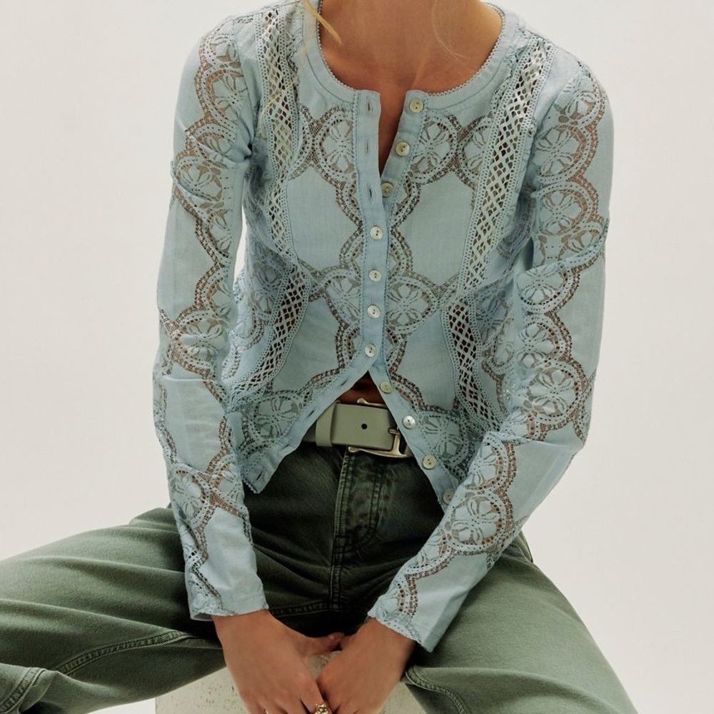 NWOT Free People Jae Sheer Lace Top-Niagara Mist $78 MSRP-current